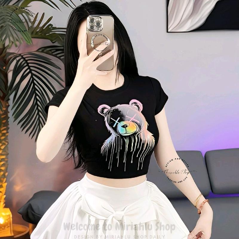 Áo Thun Croptop Thun Borip Form Basic Ôm Body In Hình Gấu X Phản Quang, Size S M L, Áo Croptop Ôm Body Nữ Áo Kiểu Xinh Đẹp In Hình Độc Lạ Đi Biển Đang Hot 2025 Mặc Hè Mặc Nhà Mặc Đi Chơi Thoải Mái Có Bigsize Đến 65kg