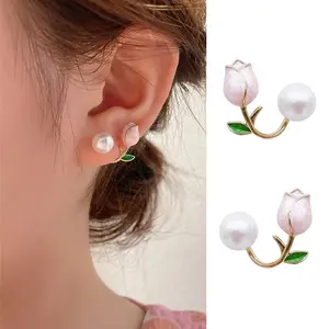 【Sktlz Barang akan dikirim dalam 24 jam】Anting-anting Temperamen Bunga Tulip  Merah Muda yang Manis dan Modis