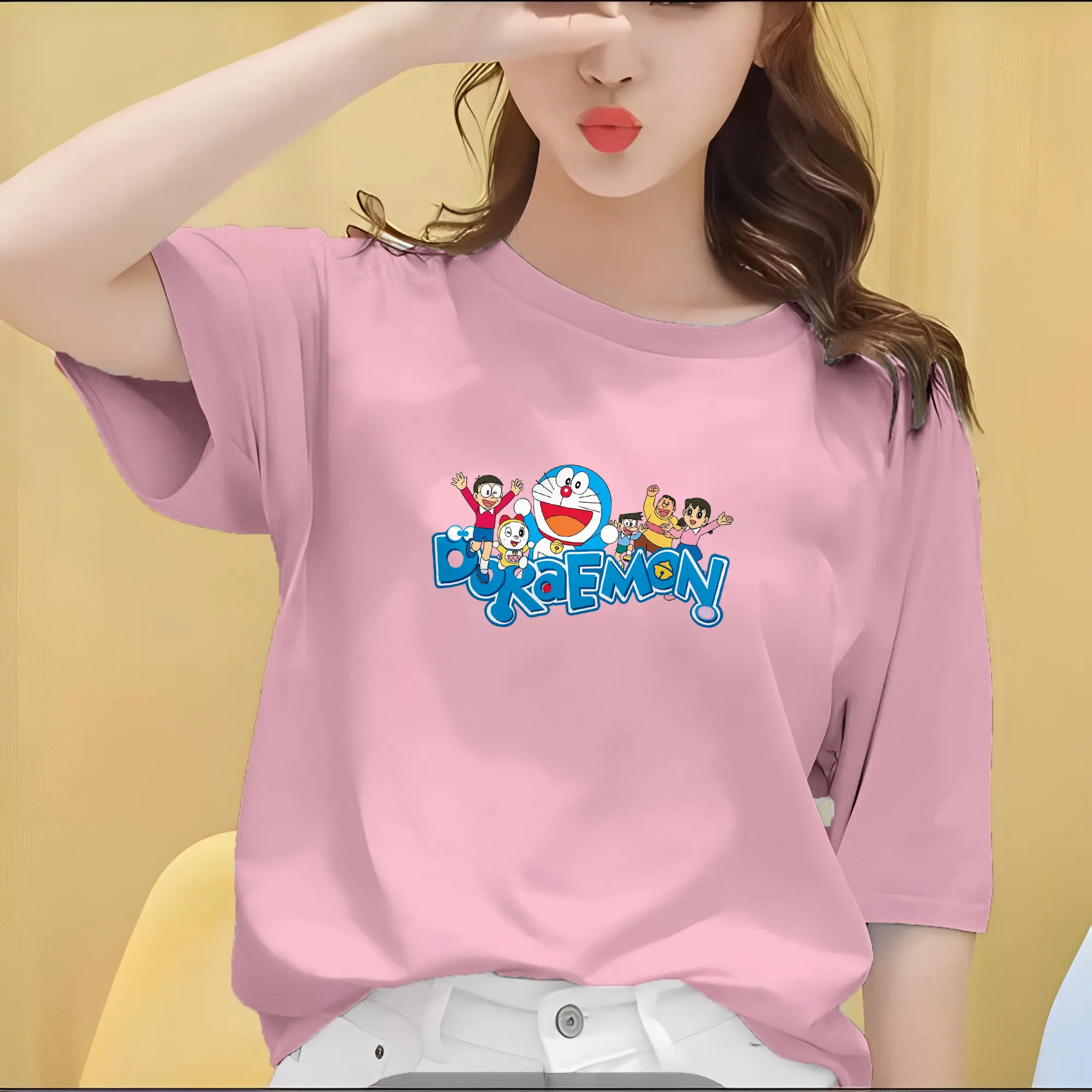 Kaos Wanita Motif Doraemon Grup Bahan Katun TC Size M-XXL