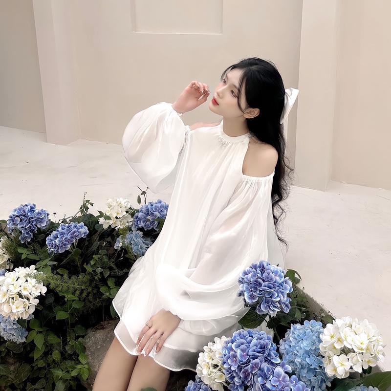 Sakura Dress - Váy hở vai cổ yếm voan organza dáng xòe tay bồng tiệc kỷ yếu Nữ Women Clay Clothing