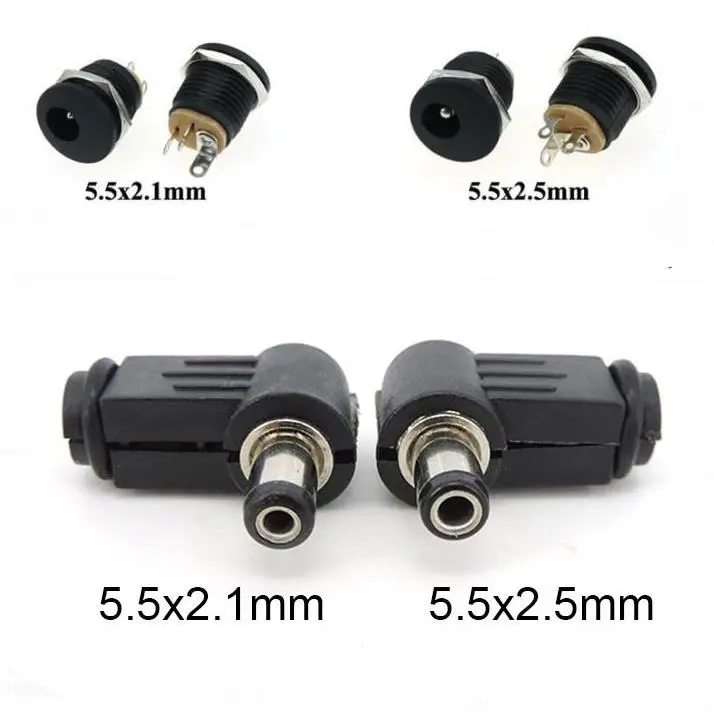 5pcs 5.5x2.1mm DC Power male Female Socket  DC Male Plug Connector Panel Mounting right angle 90degree 5.5x2.5mm B4TKSG