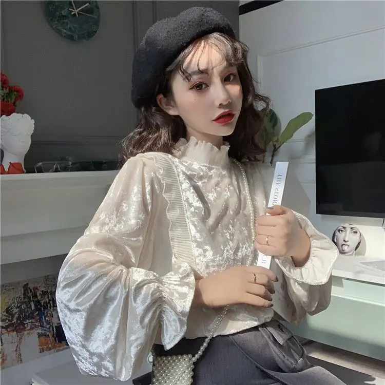 Áo Sơ Mi Nhung, Ngọt Ngào Và Thanh Lịch, Chắp Vá Selvedge Dây Cổ Đứng, Hàng Mới Về Mùa Thu Cho Nữ, Tay Phồng Trẻ Trung, Áo Dài Tay