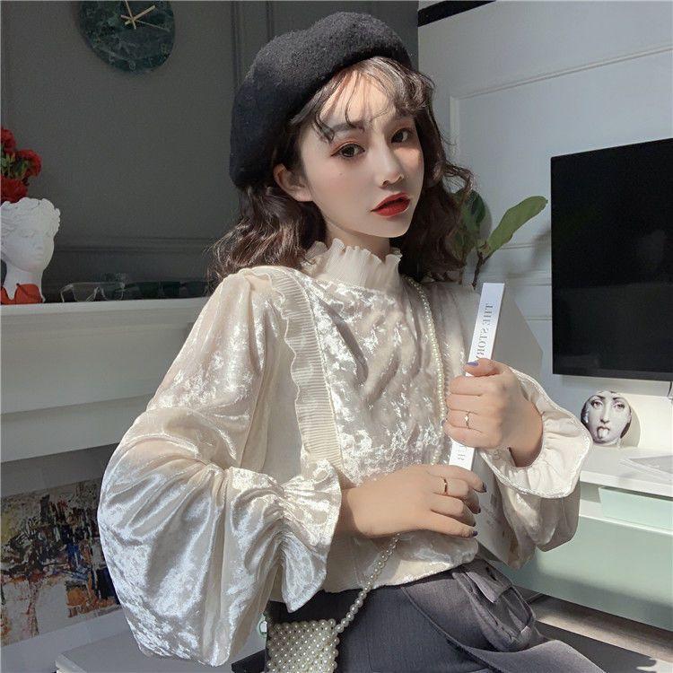 Product Introduction of Áo Sơ Mi Nhung, Ngọt Ngào Và Thanh Lịch, Chắp Vá Selvedge Dây Cổ Đứng, Hàng Mới Về Mùa Thu Cho Nữ, Tay Phồng Trẻ Trung, Áo Dài Tay 1