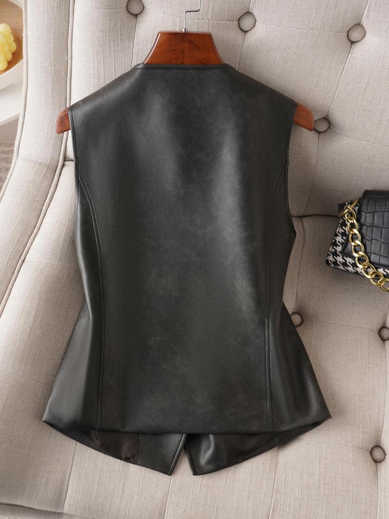 Product Introduction of Women's Solid Color Button Front Pu Leather Vest, Fashion Casual V Neck Outerwear for Work Office Business, Ladies Spring & Fall Clothes 2