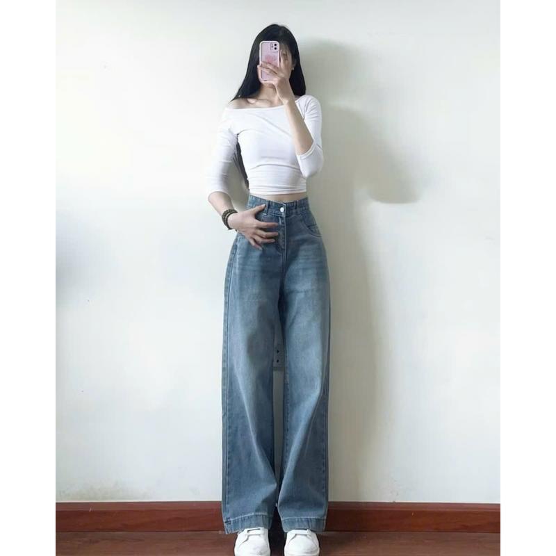 Quần jeans nữ ống suông cạp cao gấu to quần bò nữ ống rộng 2 màu hottrend chất vải mềm mại siêu tôn dáng 3