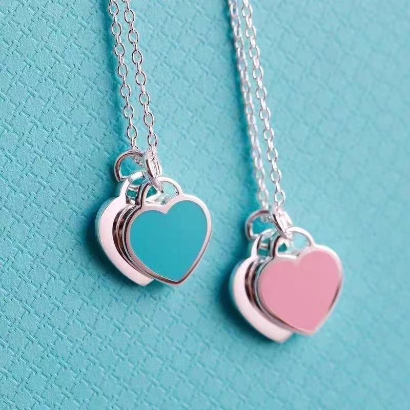 Vòng Cổ Hình Trái Tim, Dành Cho Nữ, Men Trái Tim Màu Đỏ Và Xanh Dương, Dây Chuyền Xương Đòn, Mặt Dây Chuyền Hình Trái Tim Đôi, J339 6