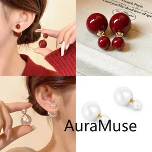 [AuraMuse] Anting Mutiara Dua Sisi Dua Ukuran Merah Putih Elegan Mudah Dipadukan A151