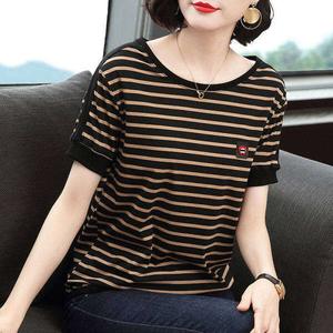 [M-5XL]Free Shipping Women Blouse Korean Fashion Stripe Short Sleeved T-Shirt Ladies Tops Loose Size Round Neck Half Sleeve Unisex Tee 100KG Can Wear
