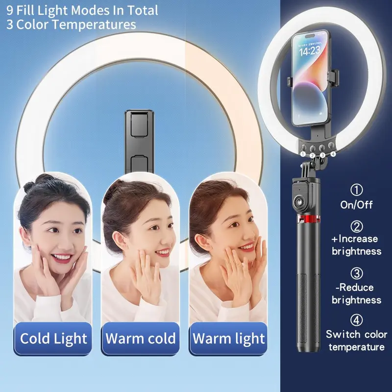 Selfie Stick Tripod Kit, Wireless Remote Control Selfie Stick with Adjustable LED Fill Light, Phone Holder for Photography & Video Blogging 4