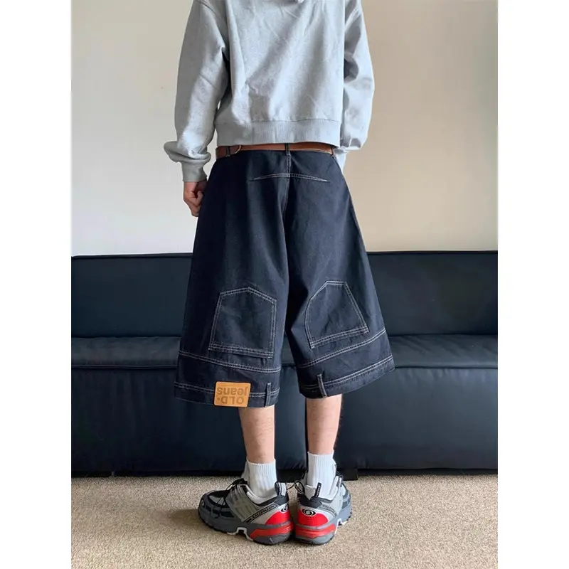 Trendy American High Street Distressed Denim Shorts for Men - Baggy Straight Leg Reverse Wear Mid-Thigh Cargo Pants - Streetwear Viral Style