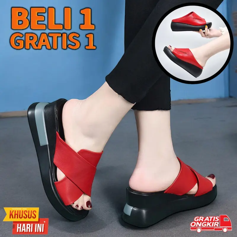 BELI 1 GRATIS 1 Sandal  Wanita Viral  - Sendal Wedges Pesta cewek Kekinian wedge  sandals 8