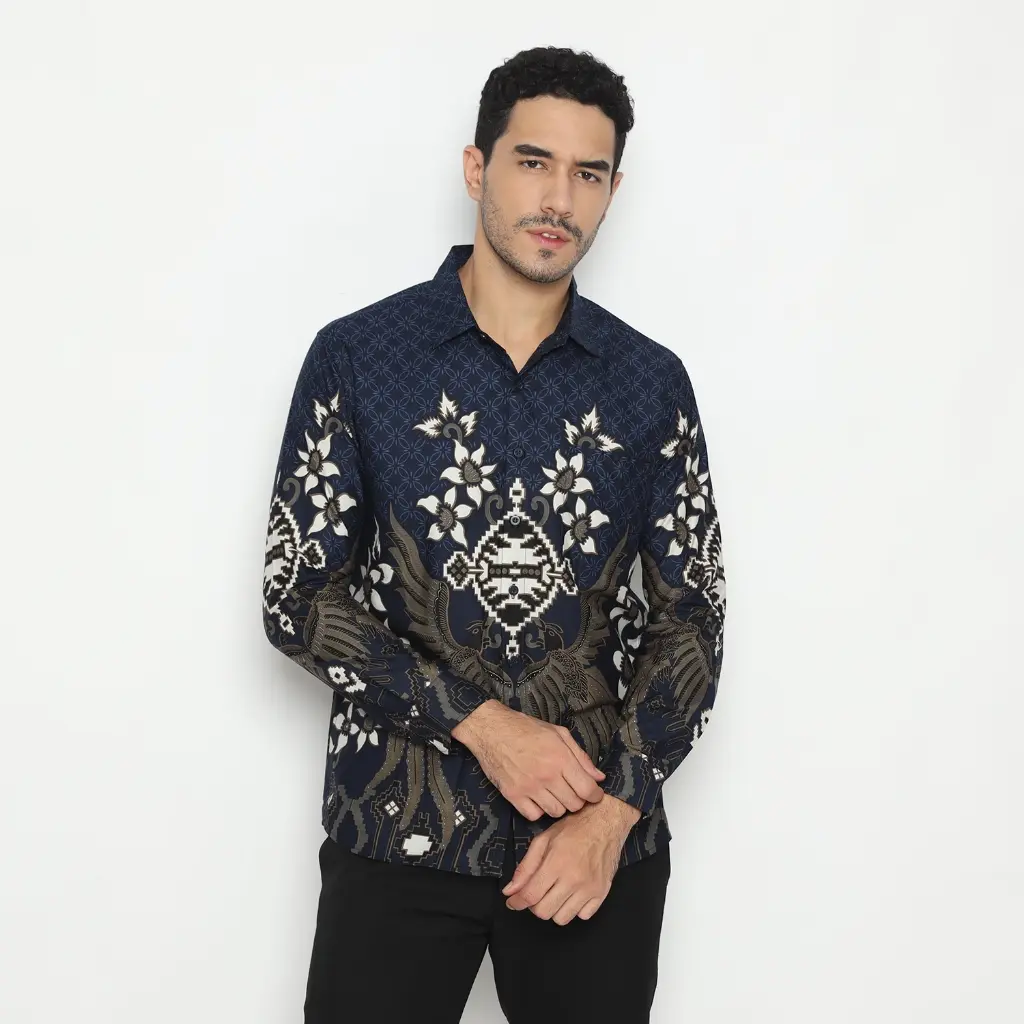 Kemeja Batik Pria Atasan Batik Modern Lengan Panjang Warna Navy OLR233