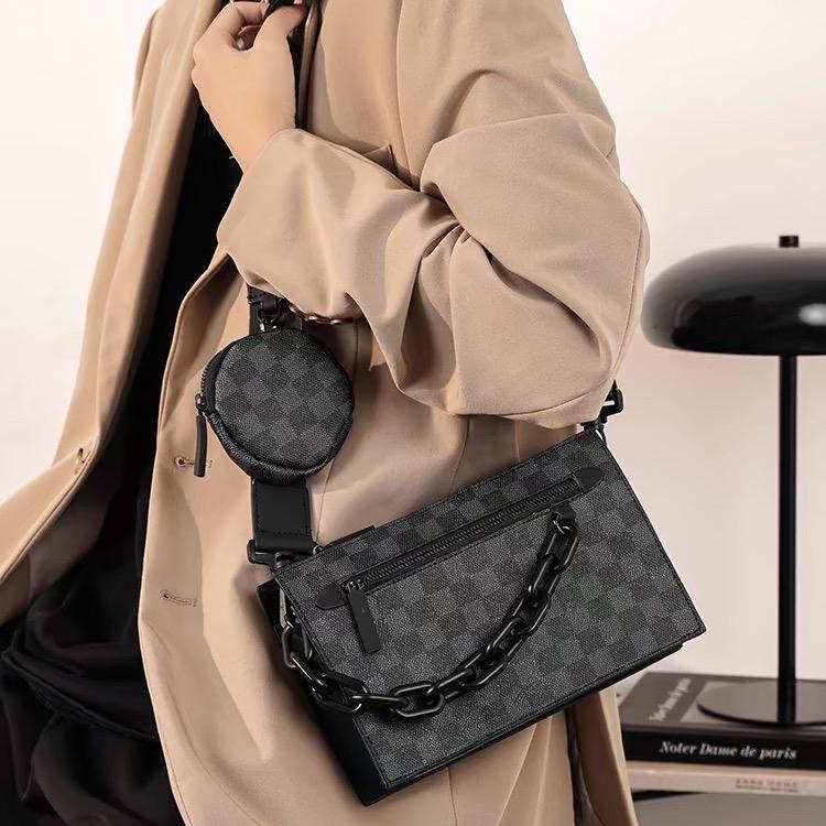Túi Đeo Chéo Dạng Vuông Caro Kèm Ví Mini + Xích Thời Trang Da Pu Cao Cấp
