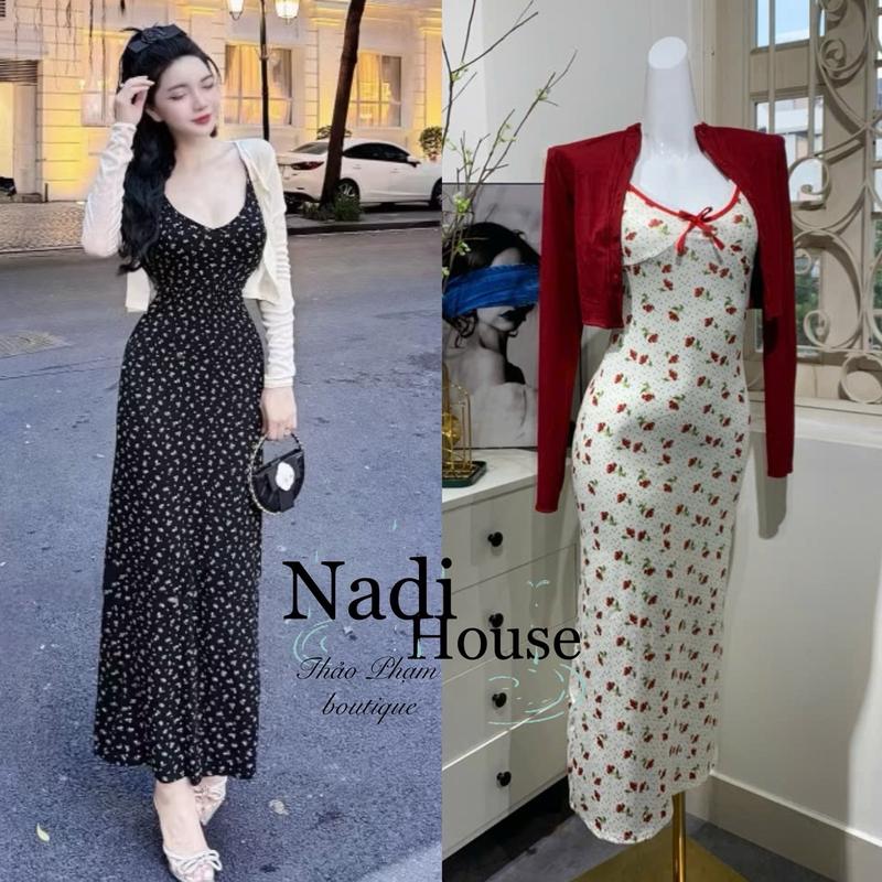 SET VÁY 2 DÂY HOA NHÍ KÈM KHOÁC LỬNG, CHẤT GÂN TĂM ( 2 màu đen/ đỏ, kèm ảnh thật sàn) vaytet vaydodonnoel  🎄 Nữ Women