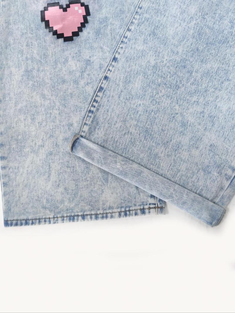 Product Introduction of 【Plus Size】 Butterfly & Heart Print Jeans, Fashion Casual Wide Leg Jeans for Daily Outdoor Wear, Women Plus Clothing for All Seasons 4