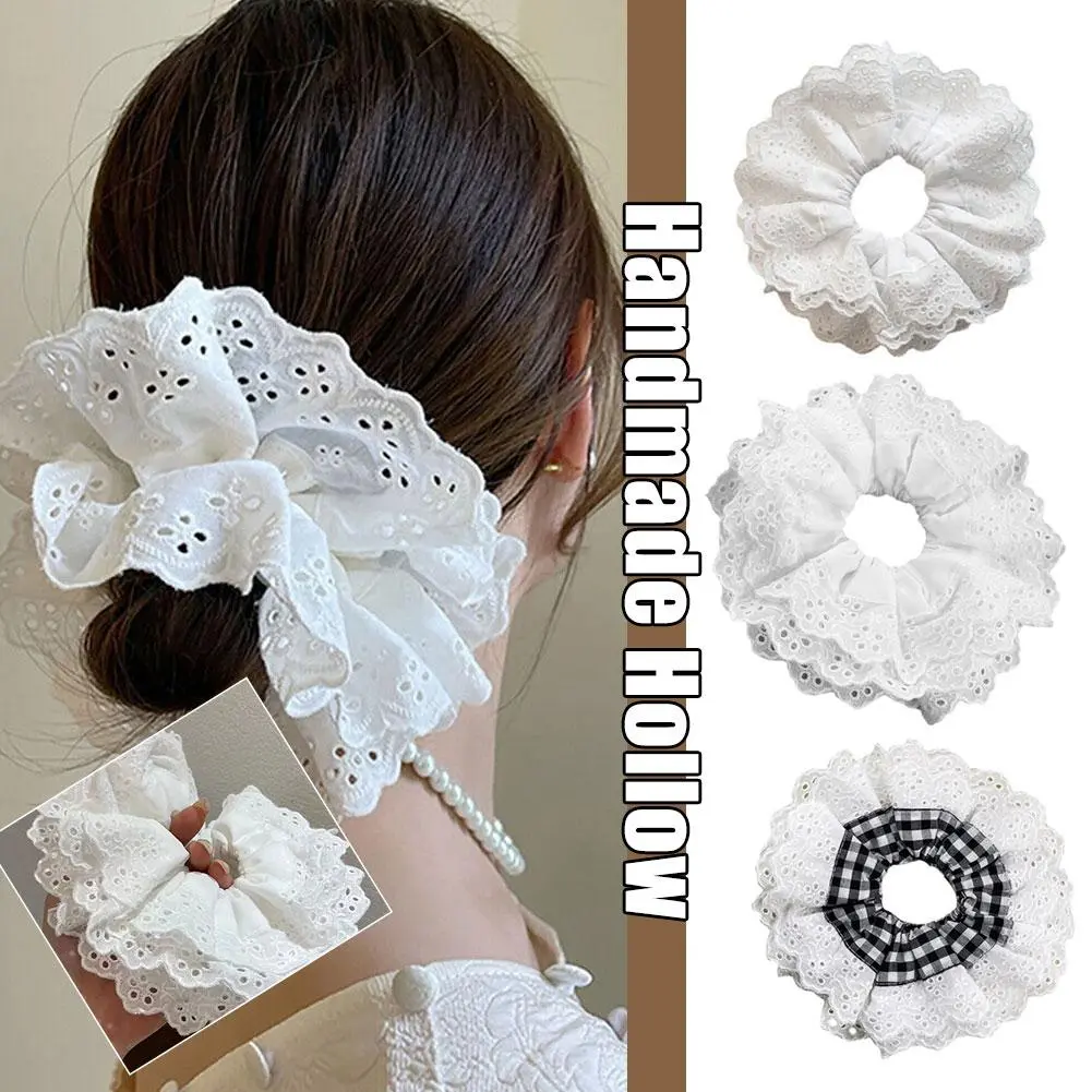 แหวนผมลูกไม้สีขาวหวานขนาดใหญ่ Scrunchies แฟชั่น ผูกลูกไม้ เชือกผูกผม W8V5
