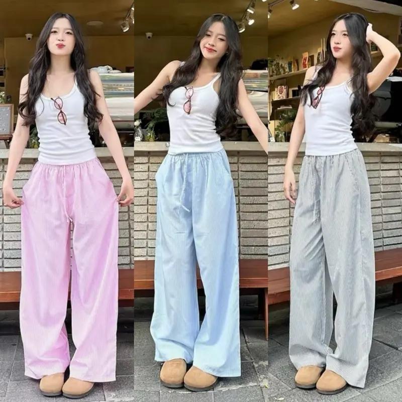 Quần Suông Kẻ Sọc ống rộng lưng chun dây rút vải kate form suông siêu đẹp_668 0