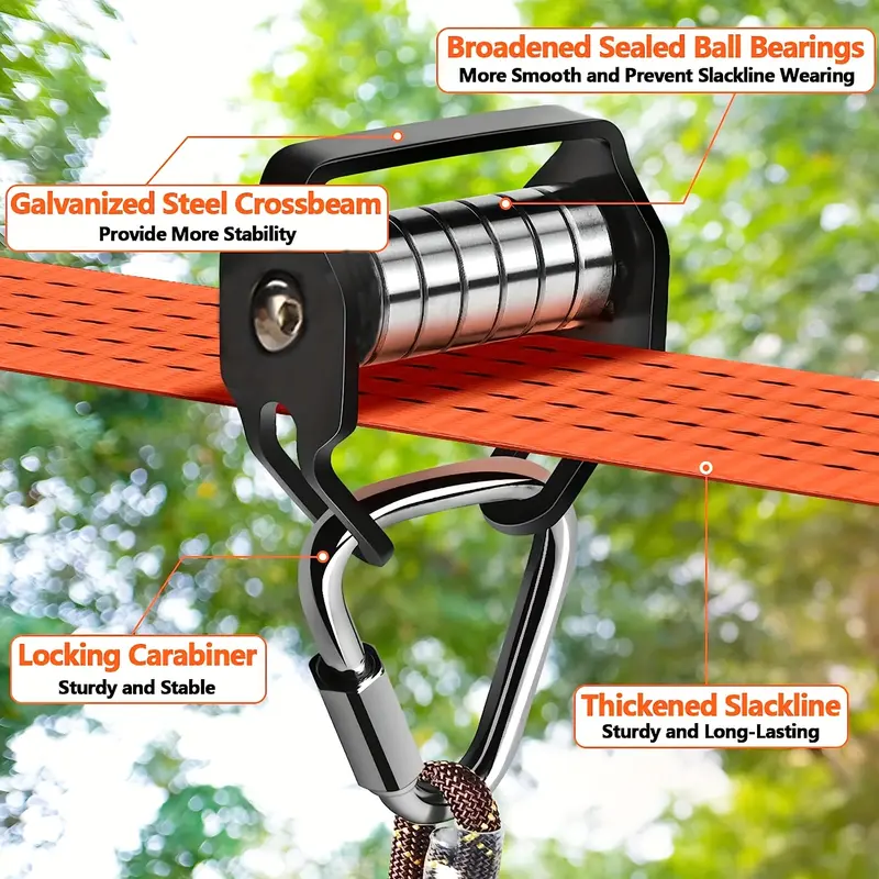1pc Orange Polyester Zip Line Set for Kids and Adults, 50ft Soft Rope Pulley Kit for Warrior Obstacle Courses, 330lb Max Load Outdoor Backyard Adventure Equipment 7