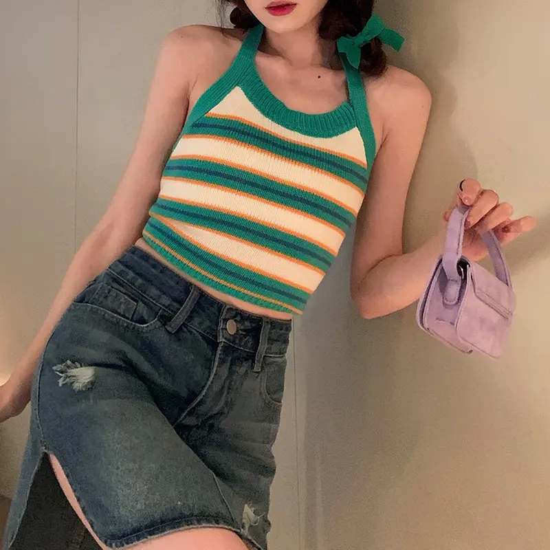 Women Sexy Backless Vest, Stripe Pattern Halter Neck Sleeveless Crop Tops, Blue/ Green