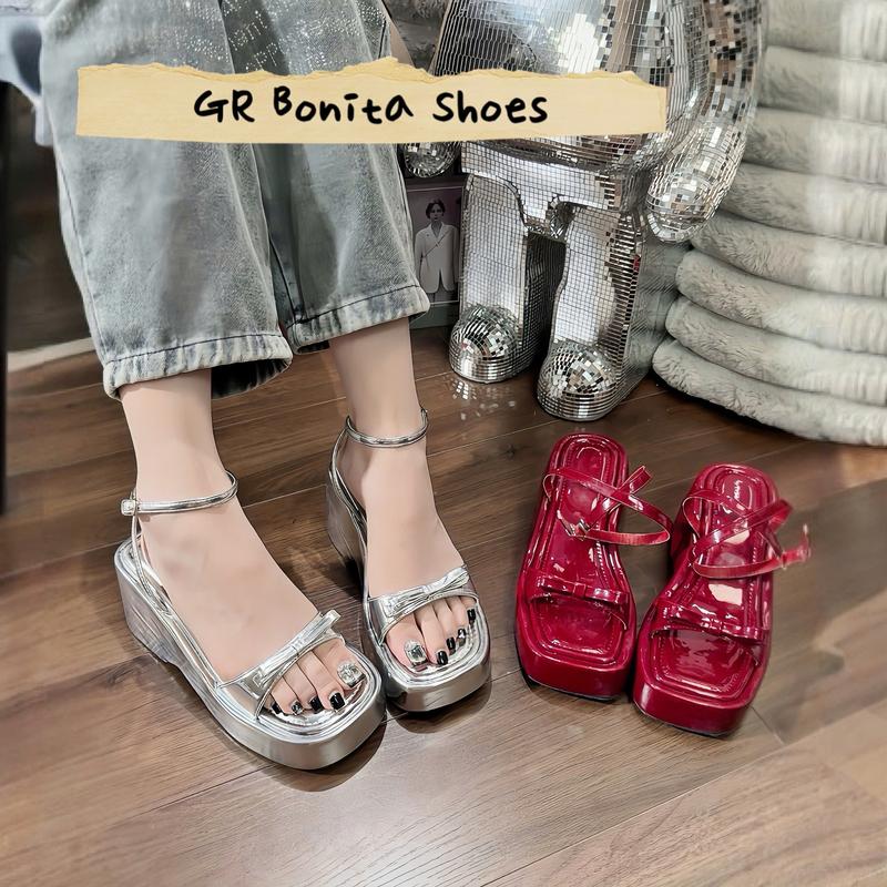 N2 Sandal đế xuồng quai ngang nơ nhí mũi vuông khóa vòng chân cao 8 cm - BMS16