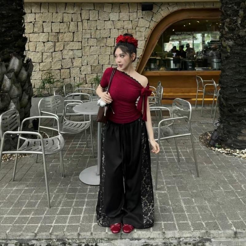 có bigsize- quần dài 94cm Set Áo Thun lệch vai thắt nơ + Quần ống rộng phối Ren