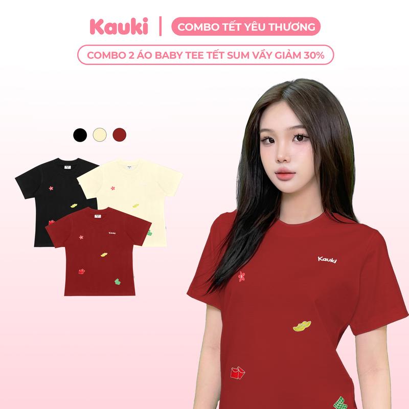 [Mua 2 Giảm 30%] Combo 2 Áo Babe Tee Thêu Tết KAUKI Thun Cotton 250gsm Dễ Thương Xinh Xắn BBT37 Nữ Women Top