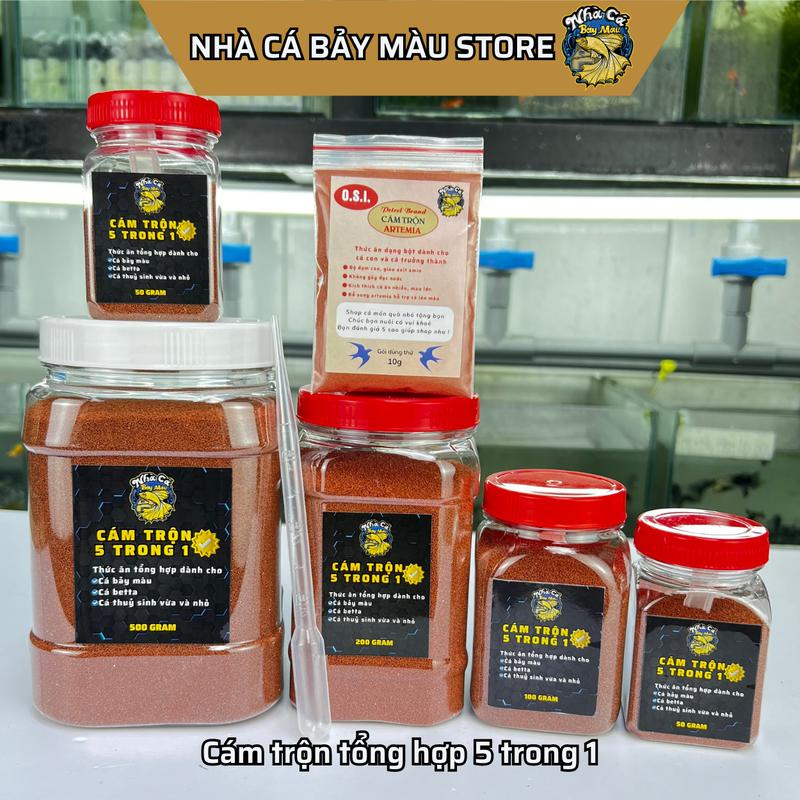 Cám trộn 5 trong 1, thức ăn cho cá bảy màu, betta, thuỷ sinh miệng nhỏ, hạt cám 3/5mm, tặng kèm cám trộn artemia, ống bóp 3ml