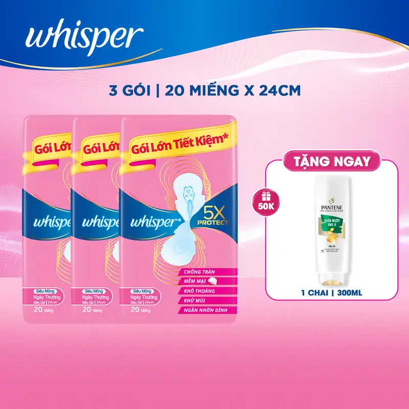 Mua 60 miếng Băng Vệ Sinh Whisper 5X mặt bông mềm mại và chống tràn tuyệt đối 24cm tặng 01 tuýp xả Pantene 3MM 2
