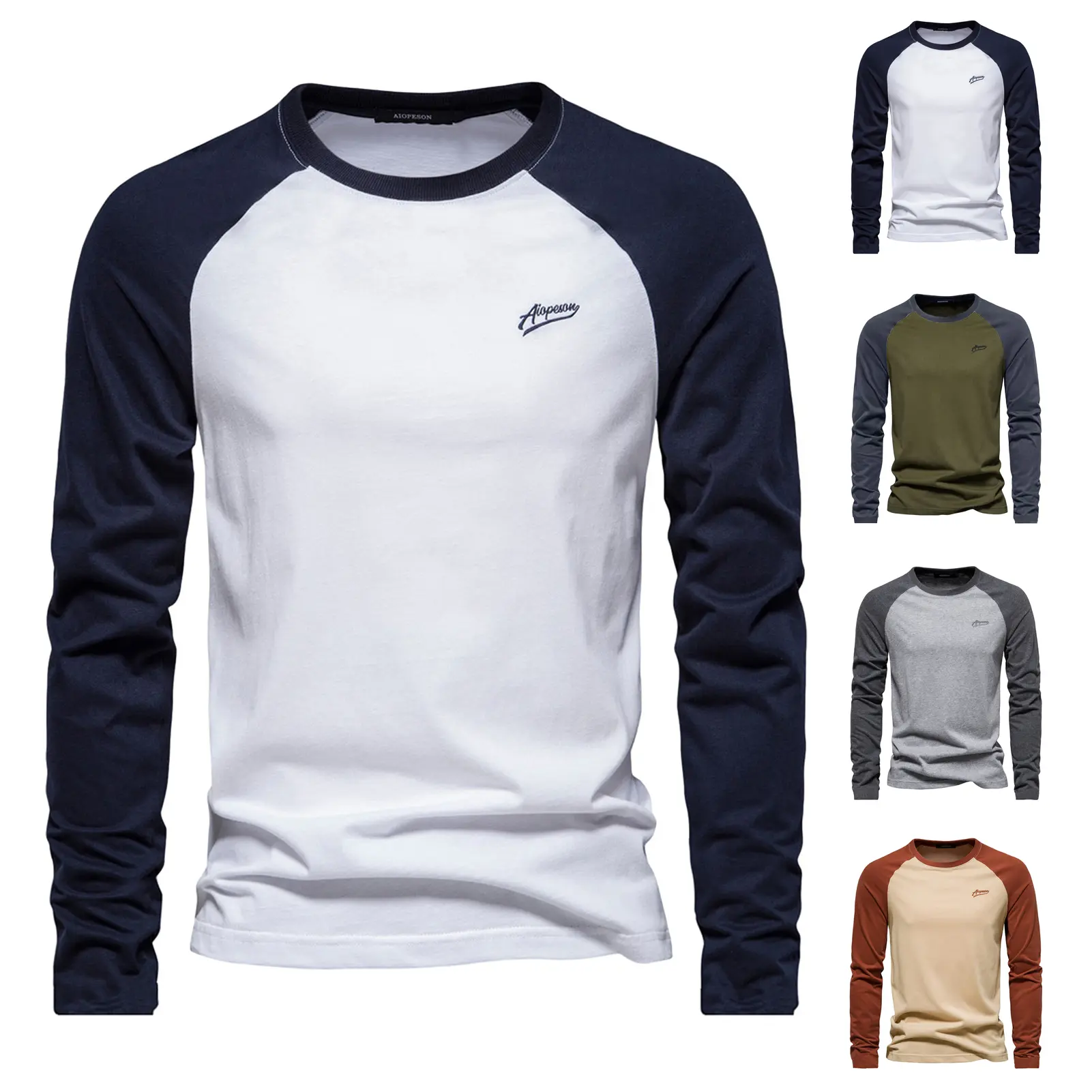 Men Raglan Long Sleeve T-shirt O-Neck Patchwork Color Pullover Tops Loose Fit Elastic Cuffs Breathable Casual Tops