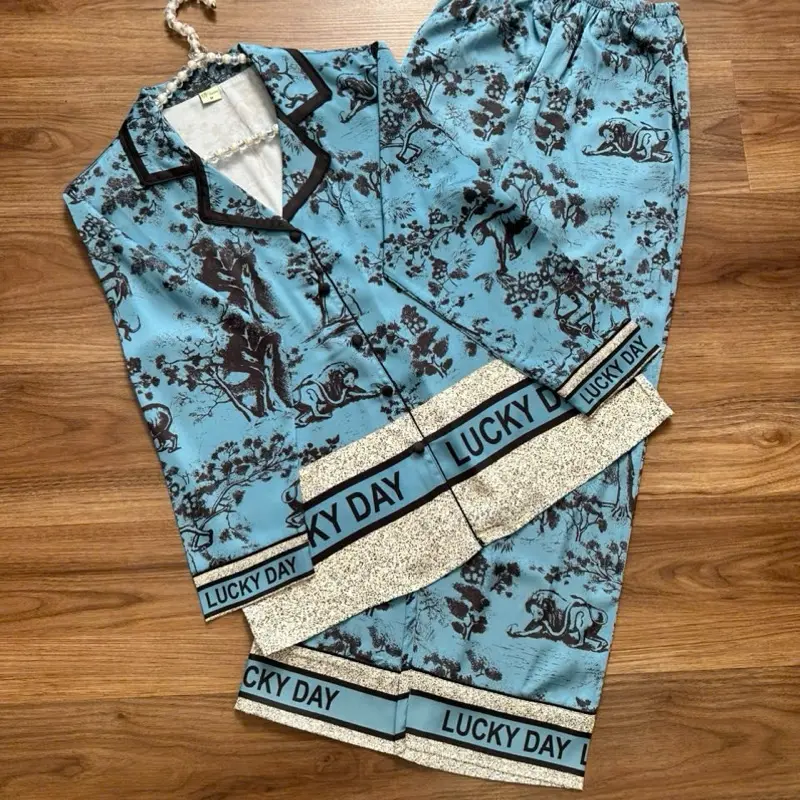 LATIN 1 (45kg-85kg)- Pijama Latin lụa mịn thiết kế hoạ tiết hoa văn trên nền màu xanh sang trọng . Tay dài tay ngắn đủ size Nữ Nhung Women Quần Ngủ Áo Ngủ