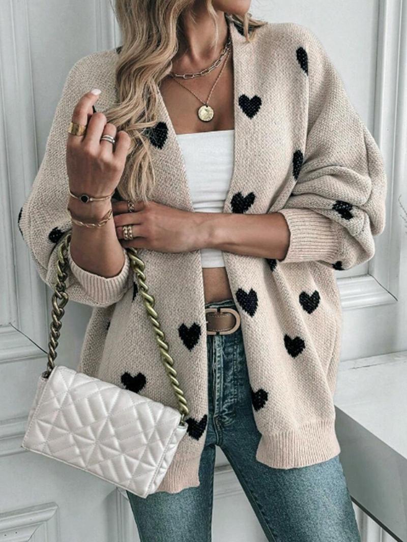 Product Introduction of Women's Heart Print Bishop Sleeve Cardigan, Valentine's Day Casual Long Sleeve Open Front Knitwear for Spring & Fall,  Cardigans for Women, Fashion Women's Knit Clothing for Daily Wear, Gift 1