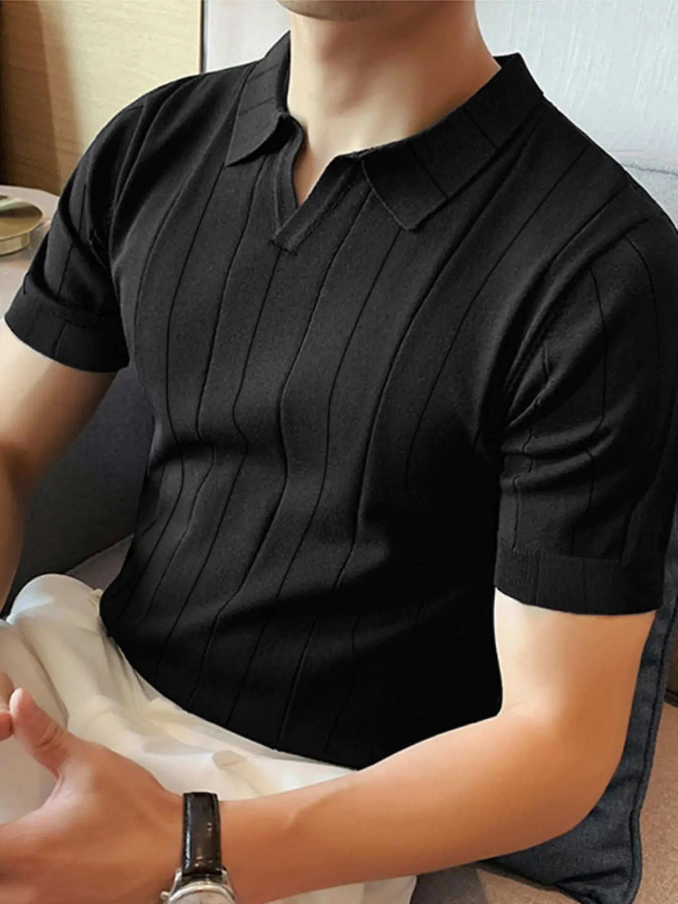 Men's Slim Striped Short Sleeve Polo Shirt, Casual Business Solid Tee, Summer Top for Men
