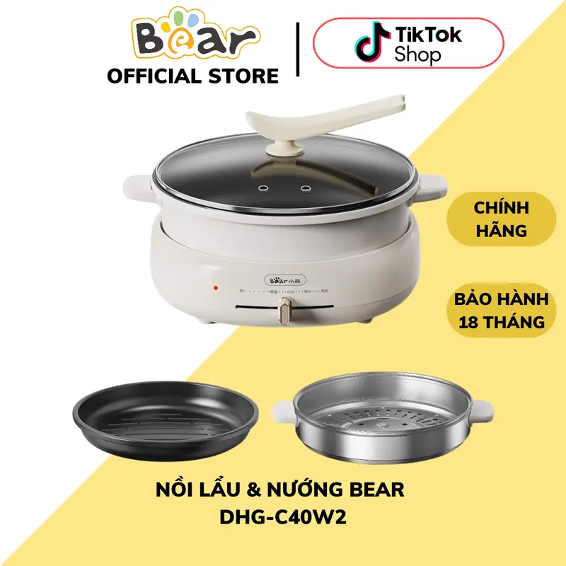 [HẤP-LẨU-NƯỚNG] Nồi Lẩu Nướng Bear 3 Khay DHG-C40W2, Dung Tích Lẩu 4L, Công Suất 1500W, Khay Lẩu/Hấp/Nướng, Nồi Lẩu Điện Hỗ Trợ Nấu Ăn, Chống Dính, Xửng Hấp To, Chiên/Xào/Nấu/Nướng Đều Được, Có Thể Để Nồi Khác Lên Nấu, Bảo Hành 18 Tháng Nồi Điện bếp  lẩu 0
