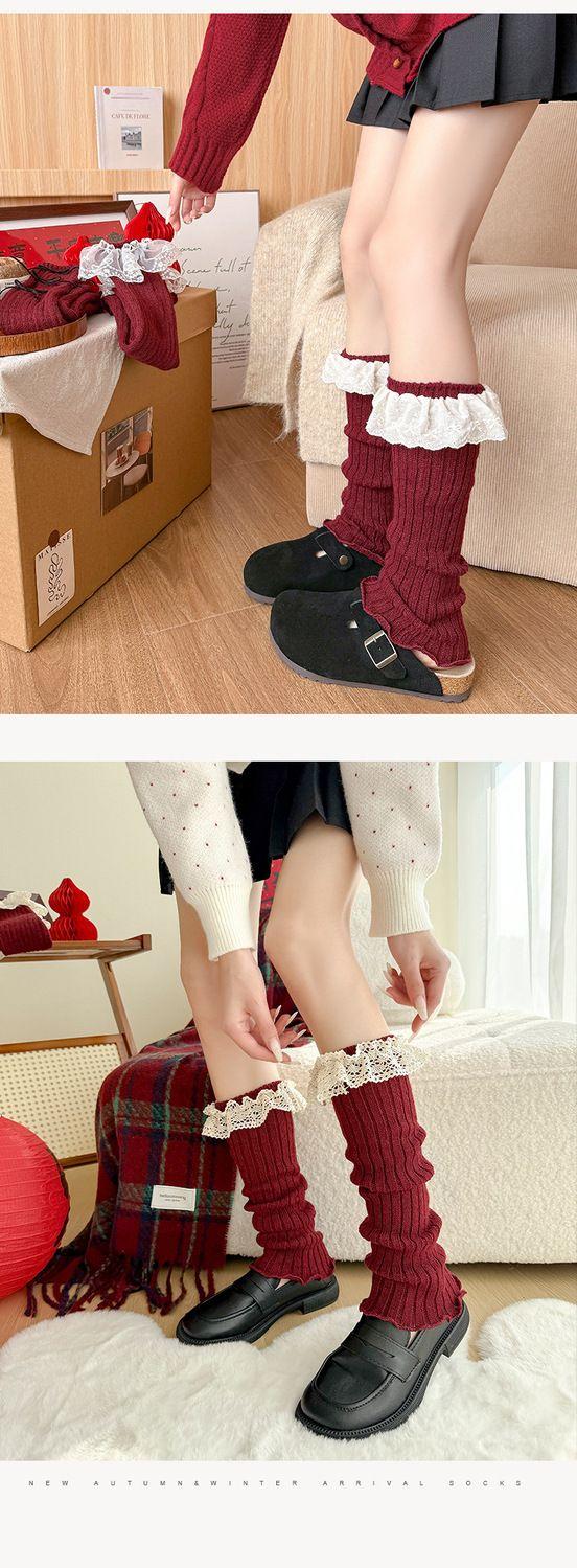 Product Introduction of Foot Sock Women's Autumn and Winter Red Leg Warmer Lolita Korean Lace New Year's Week Red Ballet Style JK Calf Socks 11