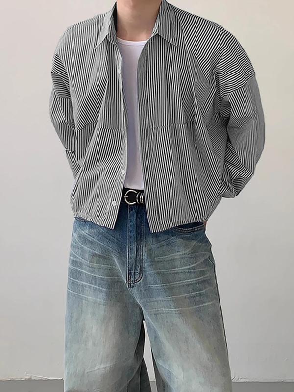 Men's Striped Print Button Front Shirt, Loose Casual Drop Shoulder Long Sleeve Collared Top for Daily Wear, Men's Clothes for All Seasons, Menswear 3