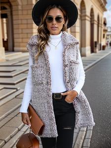 Women's Plain Patched Pocket Collared Button Front Teddy Vest Coat, Casual Collared Sleeveless Fuzzy Outerwear for Fall & Winter, Women's Clothing for Daily Wear