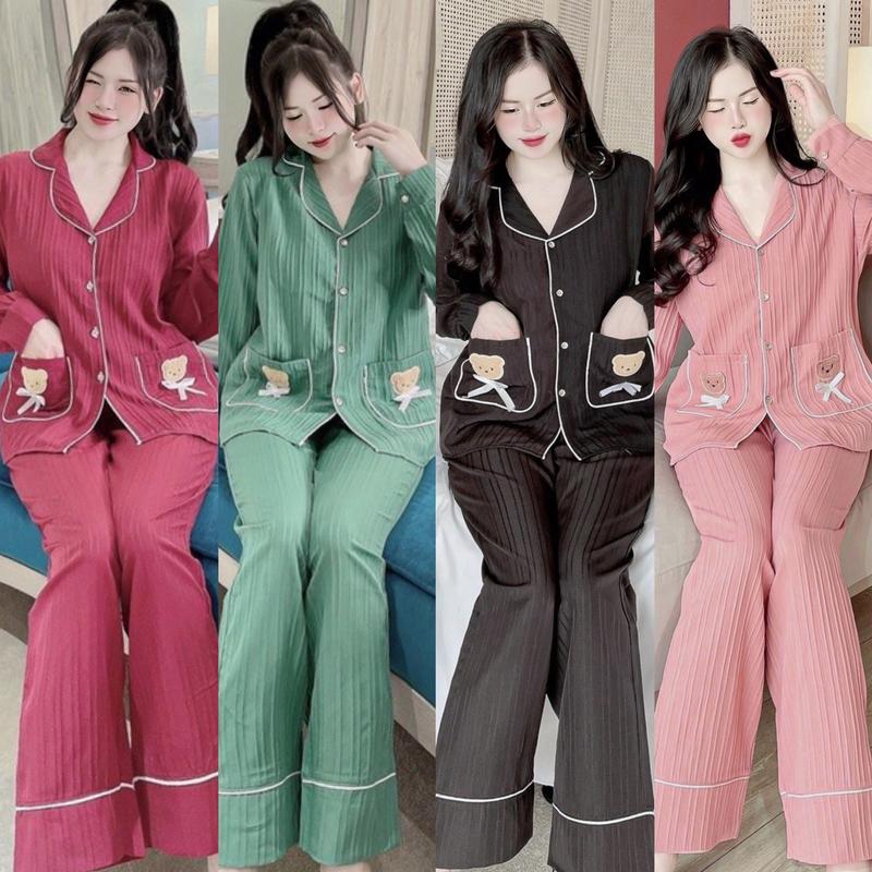 FREESHIP Đồ Bộ Pyjama Tay Dài Vải Đũi Xốp Nhật Bigsize 40-100kg Nữ Women Quần Ngủ Dài Tay - A.5607