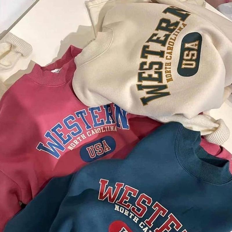 Western Sweater Crewneck Bahan Fleece Sweatshirt Wanita Panjang 0