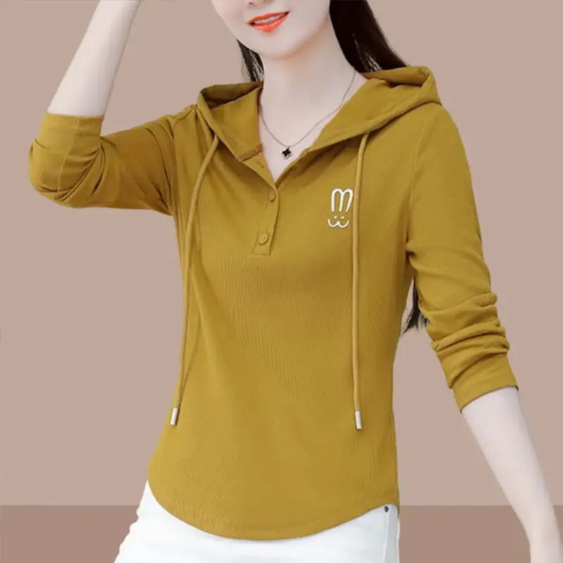 Threaded Simple 2024 Age-Reducing High-End Slimming Hooded Sweatshirt for Women Spring and Autumn Long Sleeve T-Shirt for Middle-Aged Moms