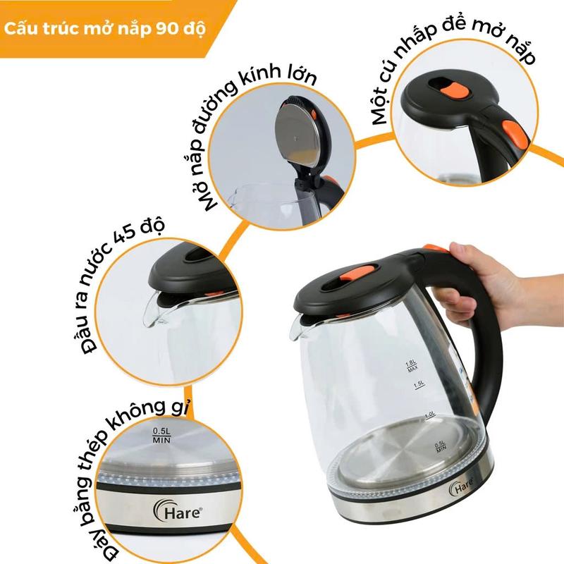 Ấm siêu tốc thủy tinh chịu nhiệt HR-KE1806 (1.8L), công suất 1500W, đun sôi nhanh trong 5 phút - thương hiệu Hare - bảo hành 12 tháng 5