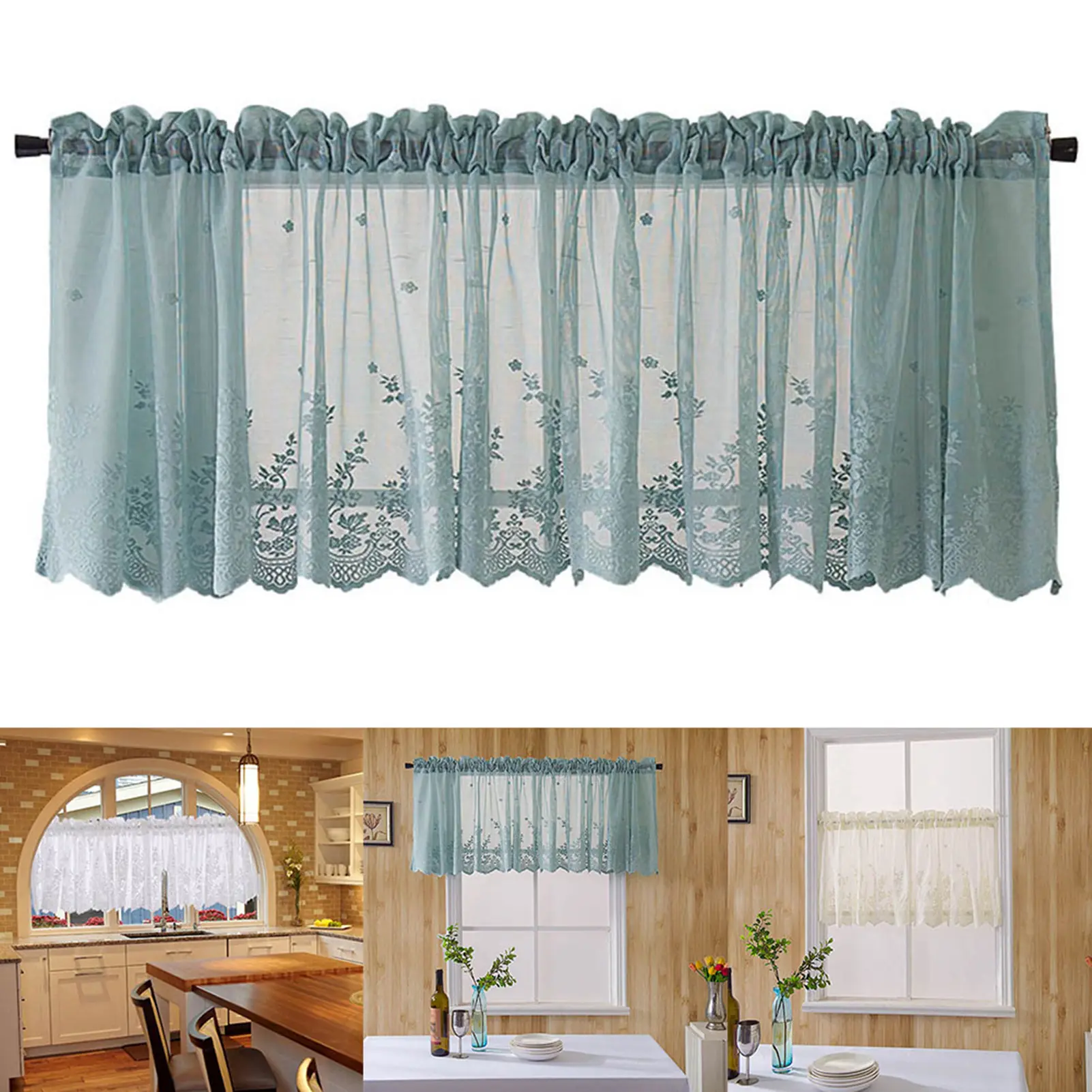 nshoceng Window Curtain Short Kitchen Valance Drape Polyester Lace Flower Pattern Balcony Curtain for Home