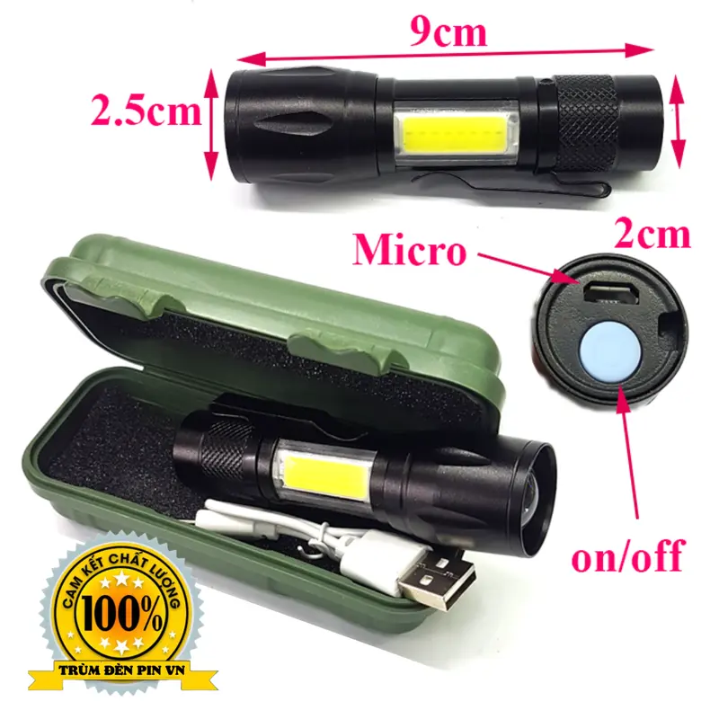 ĐÈN PIN CẦM TAY MINI T2, THIẾT KẾ THÂN HỢP KIM NHÔM NHỎ GỌN 10CM - 3 CHẾ ĐỘ SÁNG CÓ ZOOM XA GẦN - SẠC USB SIÊU TIỆN. 2
