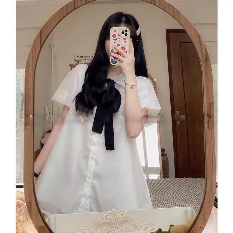 Áo babydoll viền ren thắt nơ siêu vintage