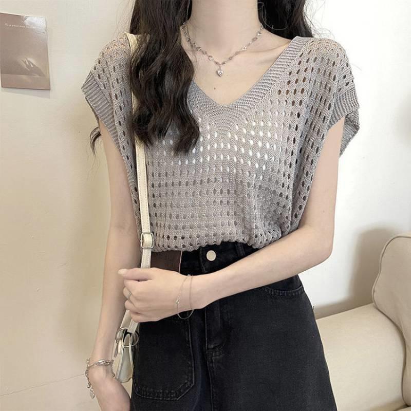 Product Introduction of 2023 Idle Style New Sunscreen Blouse Hollow out V-neck Knitwear Short Sleeve Vest off-Shoulder Broken Hole Design 12