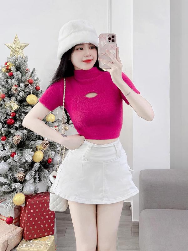 Áo len lông QC form croptop cổ lọ khoét ngực dây rút lưng [CHĂMCHĂMM65] Nữ Women thông thường cái nơ xã hội thanh lịch đan móc m không đối xứng áo croptop kiểu màu đỏ áonuxinh cá tính trơn thun áothunnu