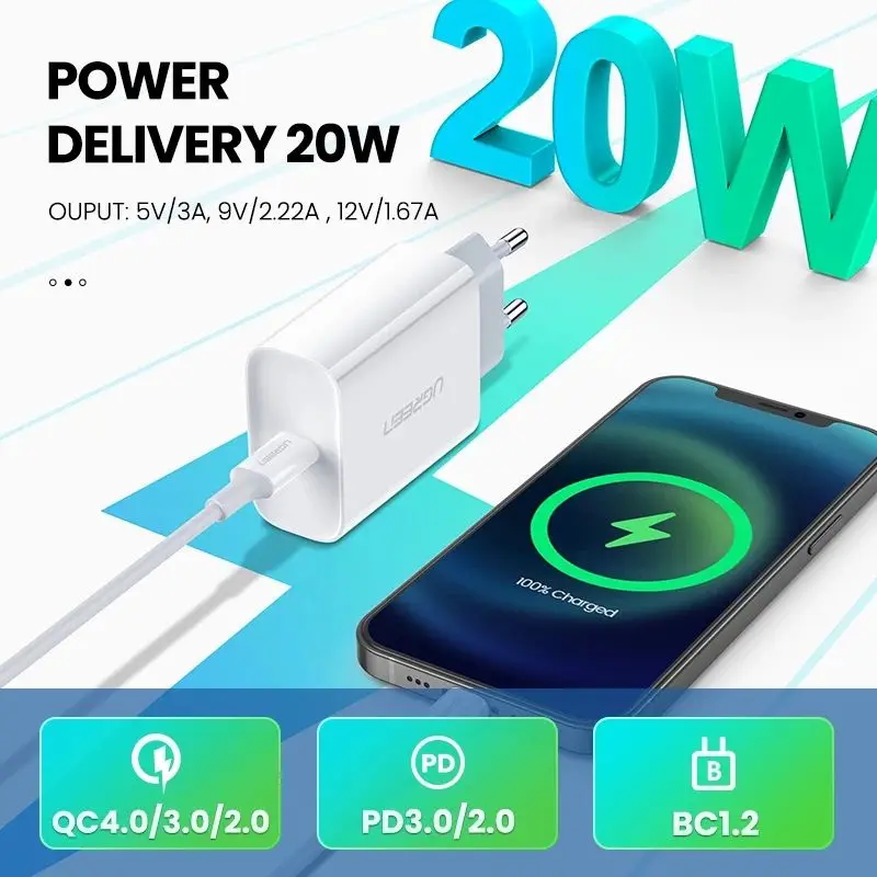 UGREEN Charger iPhone 11 12 13 14 Lightning MFI PD Type C Fast Charging 20w 3