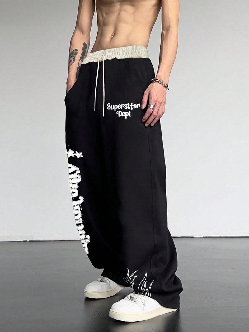 Product Introduction of Men's Patchwork Spider Web Print Drawstring Waist Pants, Casual Street Pocket Straight Leg Trousers for Daily Wear, Fashion Men's Bottoms for All Seasons 13