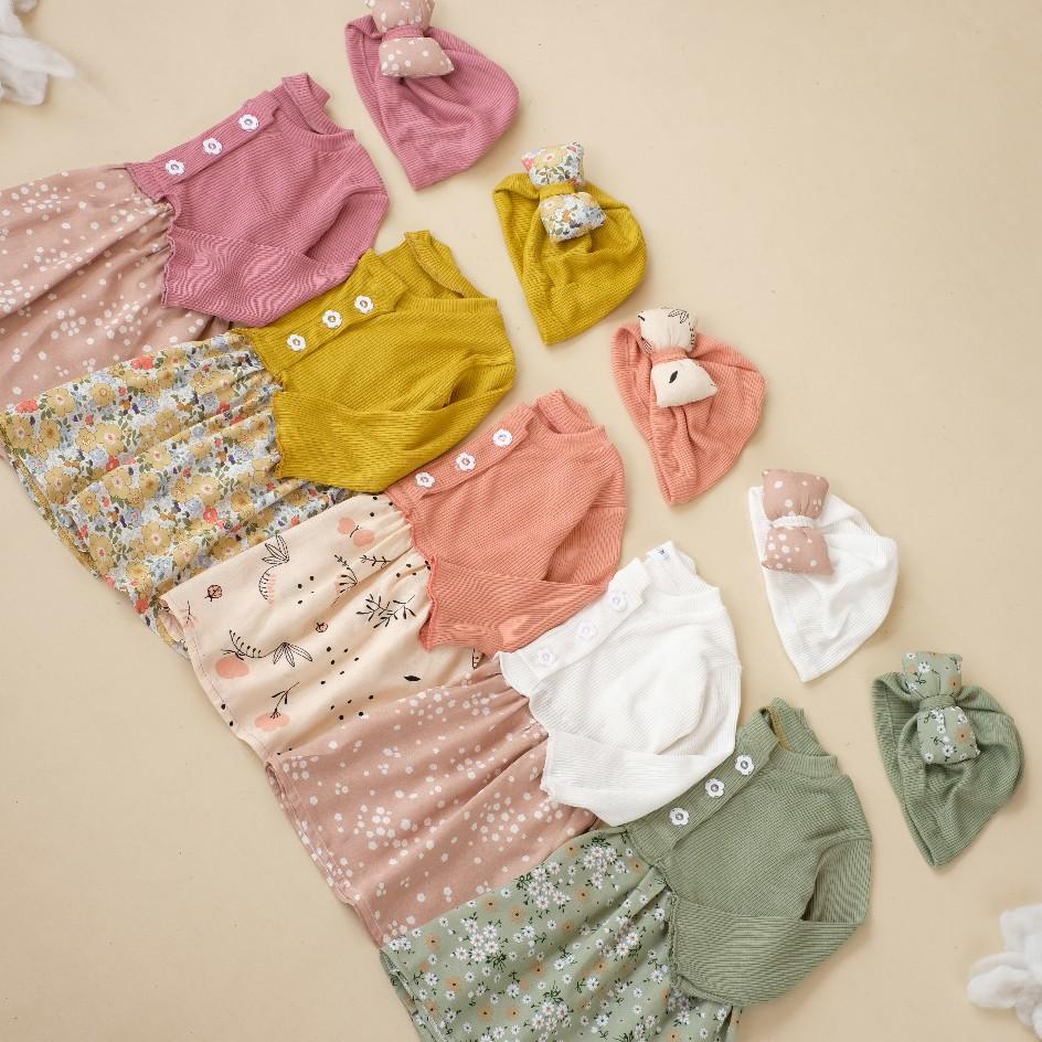 Dress bayi Mikhayla bahan rib rayon lengan panjang bonus turban 0-12 bulan
