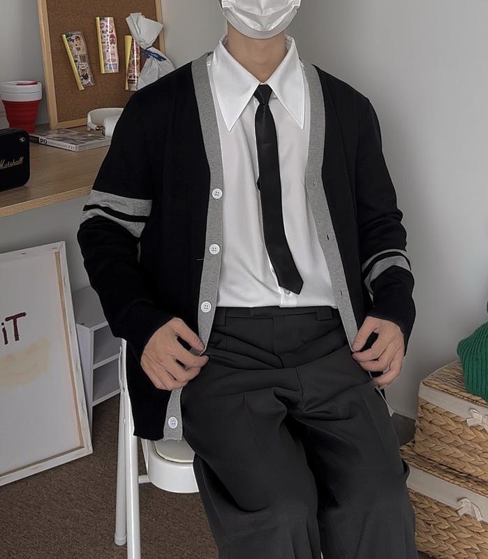 Áo Khoác Cardigan DYACI Len Nam Cổ Tim Chữ V Viền Kẻ Chất Cotton Dày Dặn Cao Cấp Thu Đông Dài Tay Menswear