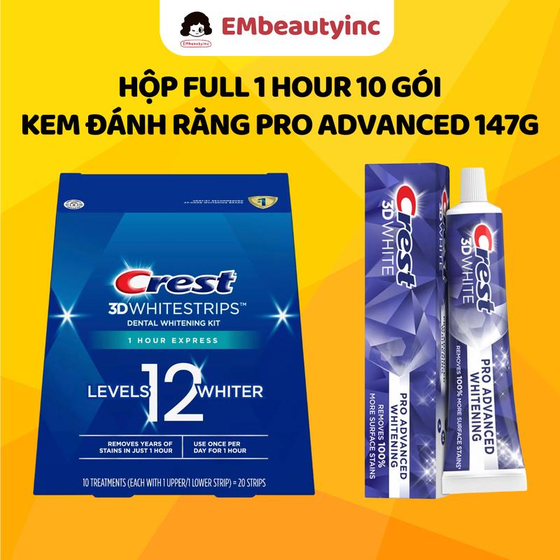 Hộp full Miếng dán trắng răng Crest 1 Hour 10 GÓI + Kem đánh răng Pro Advanced Nâng Cấp CHO RĂNG THƯỜNG - KHỎE